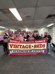 A group ofVintage Reds members gather to support Teachers Union Strike 6 August 2025 and Nurses Industrial action, on 7th August 2025